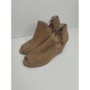 Lucky Brand Reevas Leather Peep Toe Wedge Booties Pull On Open Cut Outs size 9